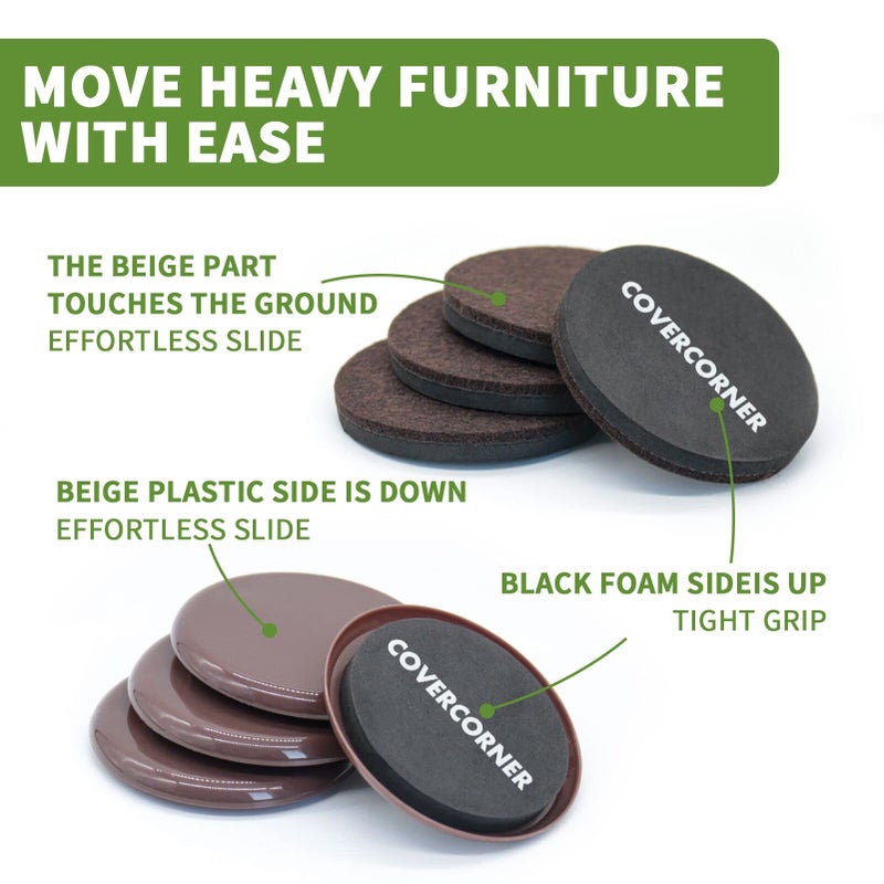 COVERCORNER Furniture Sliders for Hardwood Floors, Furniture Sliders for Carpeted Floors, 8 PCS 3 1/2 inch Combo Pack, Sliders for Moving Furniture, Furniture Movers Sliders-Brown - Image 5